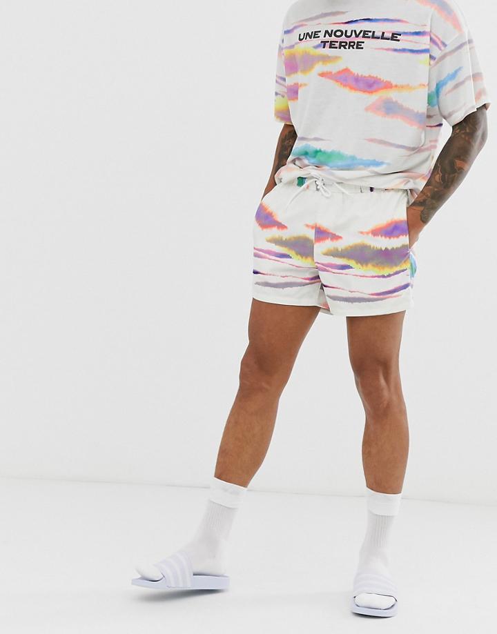 Asos Design Swim Shorts In White Tie Dye And Contrast Drawcord In Short Length
