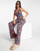 Qed London Halterneck Jumpsuit In Floral Print-multi