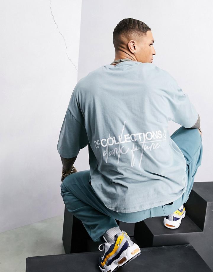 Asos Dark Future Oversized T-shirt In Lead Gray With Back Logo Print-grey