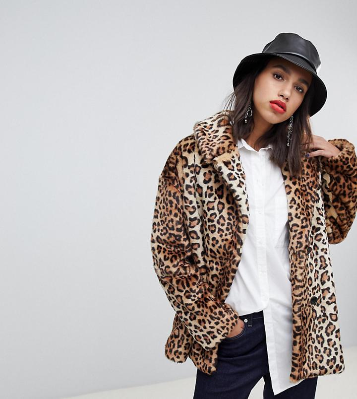Stradivarius Leopard Double Breasted Faux Fur Coat