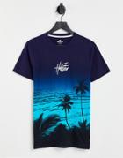 Hollister Central Logo All Over Palm Scene Print Summer Fade T-shirt In Blue-blues