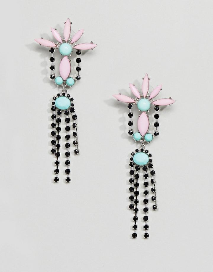 Asos Design Crystal And Jewel Drop Earrings - Silver