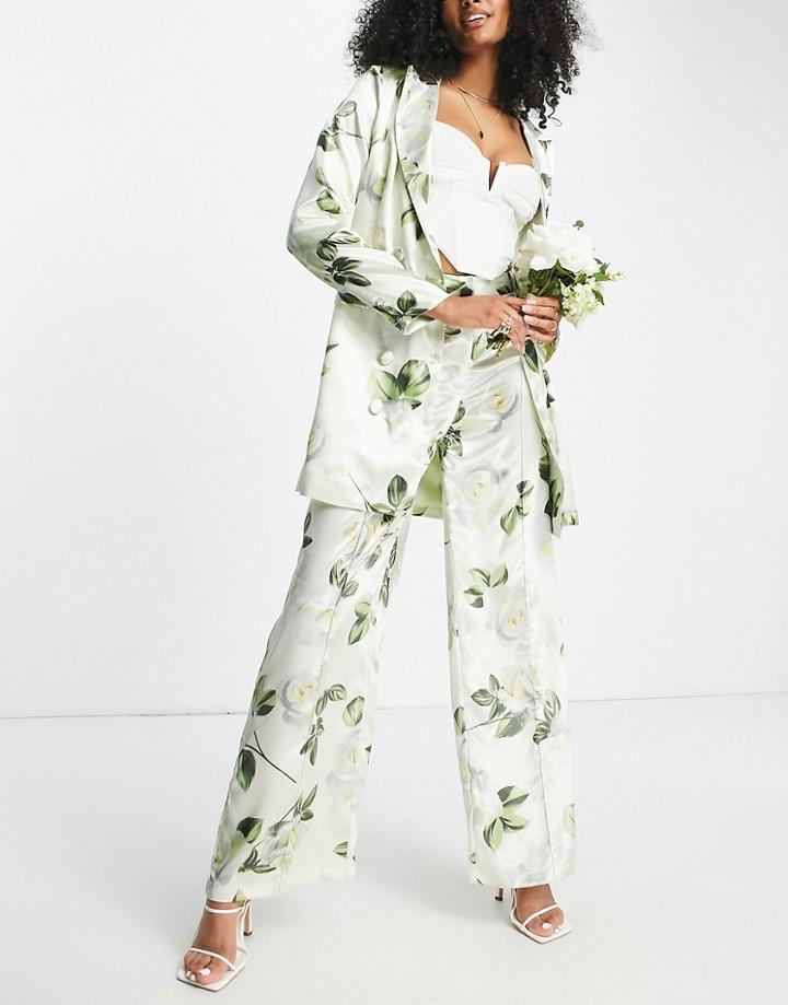 Liquorish Bridal Satin Tailored Pants In White Rose Print - Part Of A Set-pink
