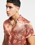 Asos Design Regular Fit Satin Shirt In Copper Floral Jacquard