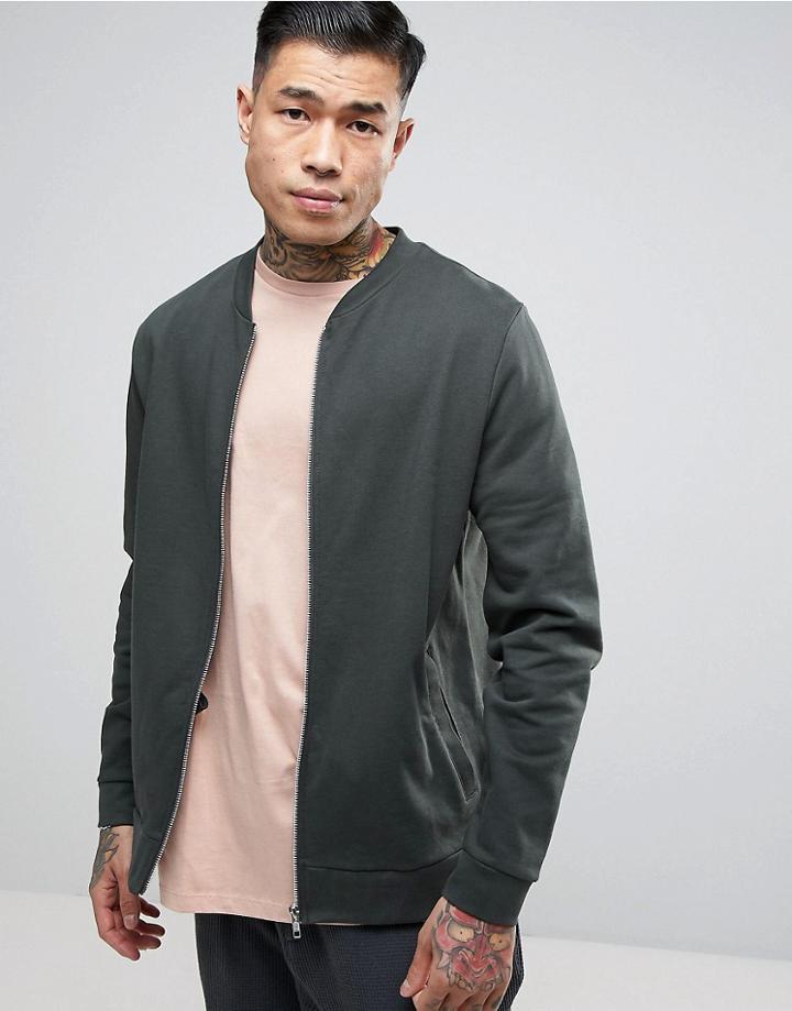 Asos Jersey Bomber Jacket In Green - Green