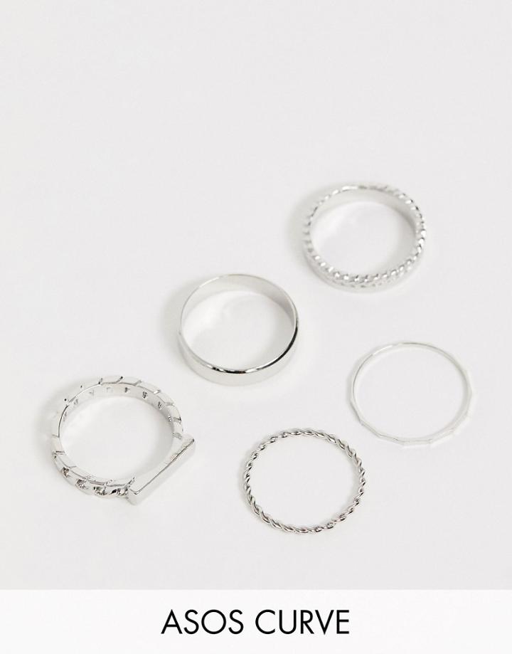 Asos Design Curve Pack Of 5 Rings In Chain And Bar Design In Silver Tone - Silver
