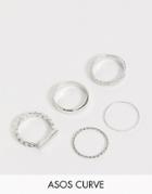 Asos Design Curve Pack Of 5 Rings In Chain And Bar Design In Silver Tone - Silver