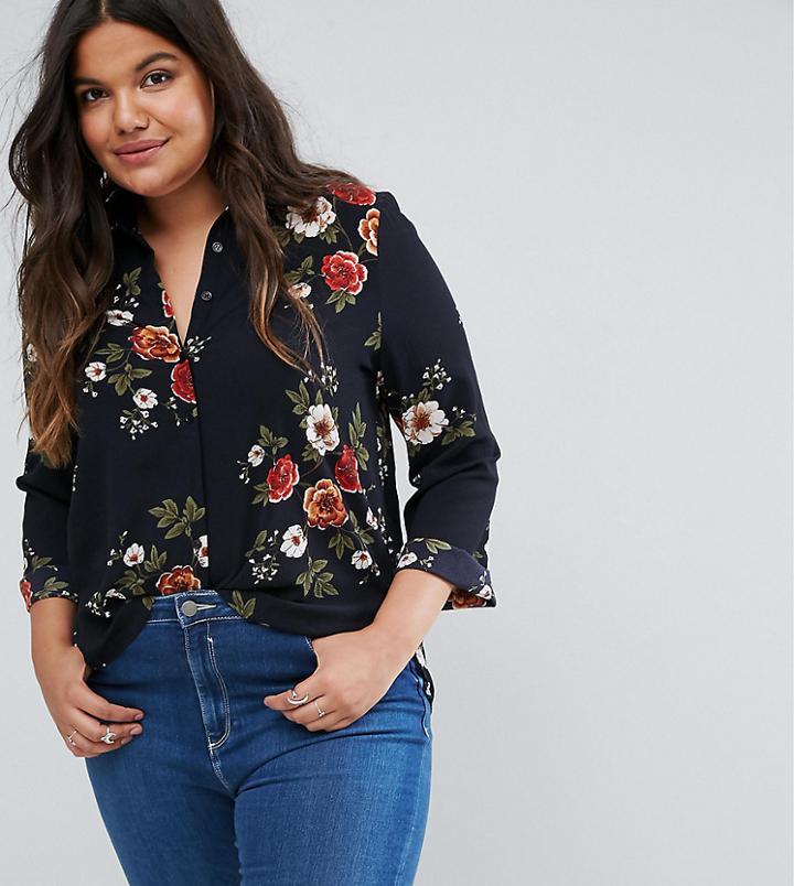 Brave Soul Plus Floral Blouse - Navy