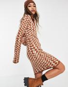 Asos Design Knitted Mini Dress With Button Placket In Wavy Pattern-brown