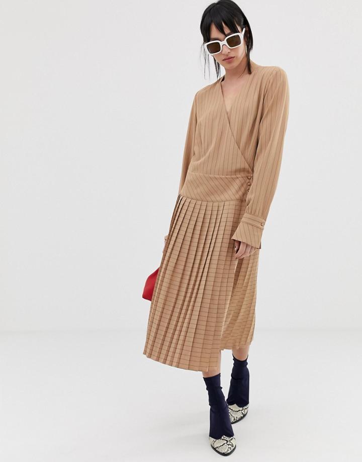 Gestuz Tara Pinstripe Pleated Dress - Tan