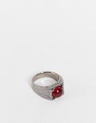 Asos Design Signet Ring With Red Stone In Gunmetal-silver
