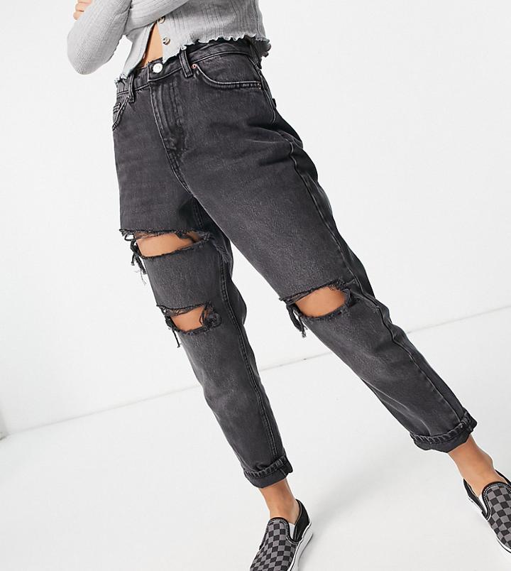 Topshop Petite Ripped Mom Jeans In Washed Black