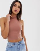 Asos Design Sleeveless Crop Top With High Neck In Tobacco - Brown