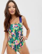 Asos Design Recycled Square Neck Elastic Swimsuit In Tropical Chain Print-multi