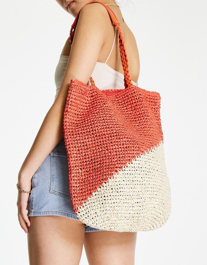 Topshop Red Mix Tote With Plait Strap Detail