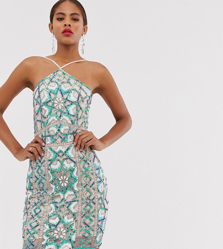 Asos Design Tall Embellished Mini Dress In Neon Tile With Halter Neck-multi