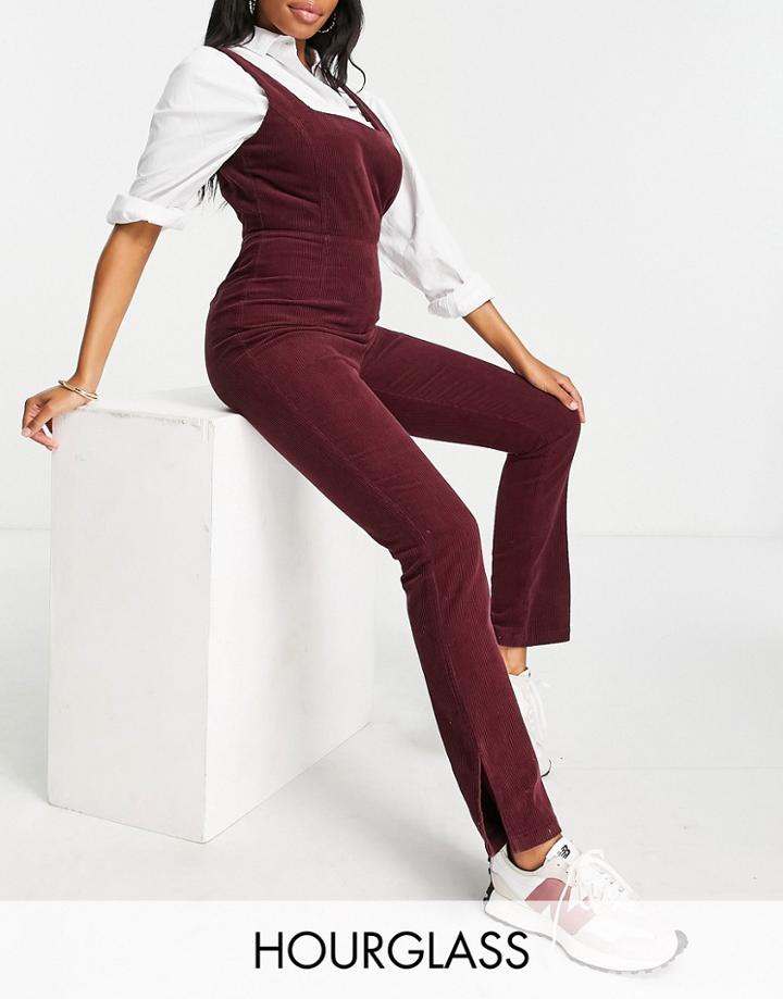 Asos Design Hourglass Cord Fitted Jumpsuit With Split Hem In Berry-black