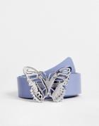 Asos Design Wide Faux Leather Belt With Silver Butterfly Buckle In Light Blue