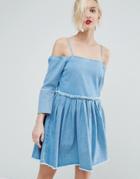 Asos Denim Off Shoulder Dress With Pleat Detail In Mid Wash Blue - Blue