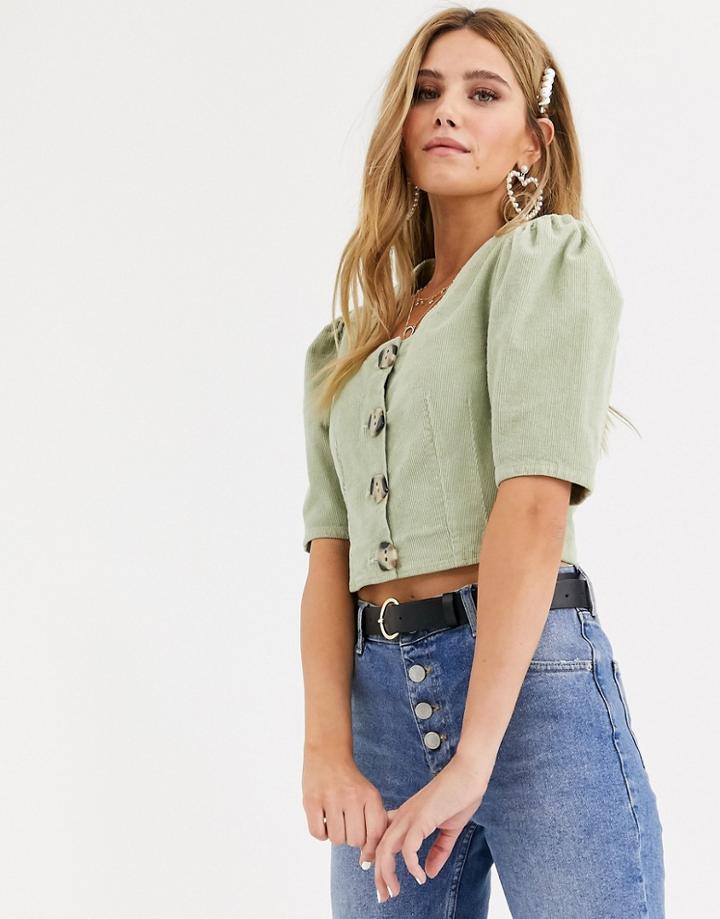 Asos Design Cord Puff Sleeve Top In Sage Green