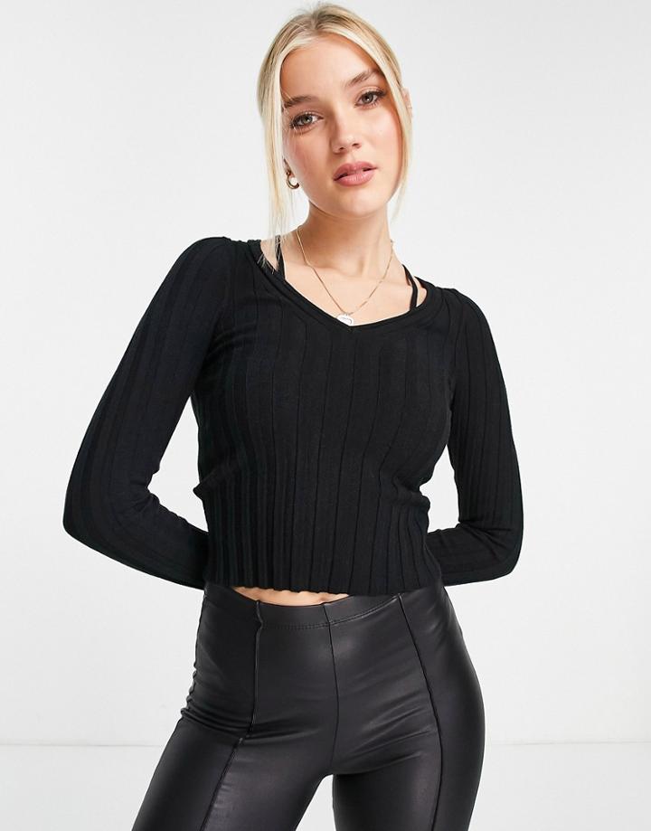 Urban Revivo Long Sleeve Knit Top In Black