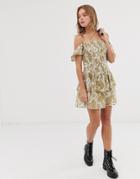 Asos Design Cold Shoulder Shirred Mini Dress In Paisley Print-multi