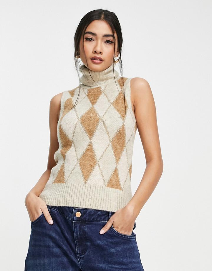 River Island Argyle Check Sleeveless Roll Neck Knit Vest In Beige-brown