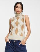 River Island Argyle Check Sleeveless Roll Neck Knit Vest In Beige-brown