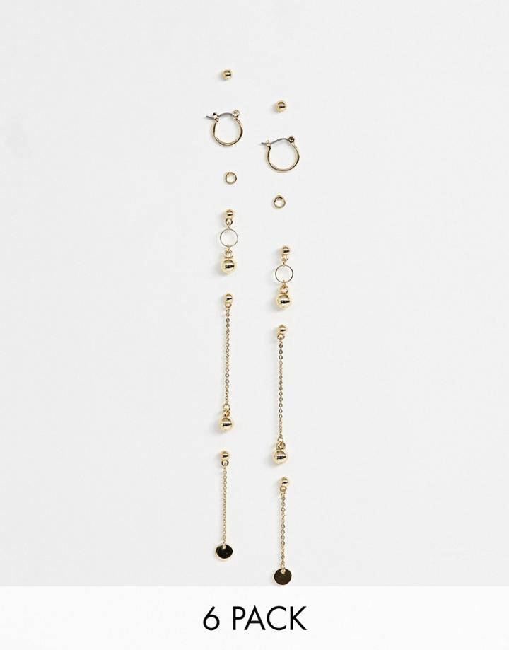 Asos Design Pack Of 6 Earrings In Stud And Strand Design With Ball Details In Gold - Gold