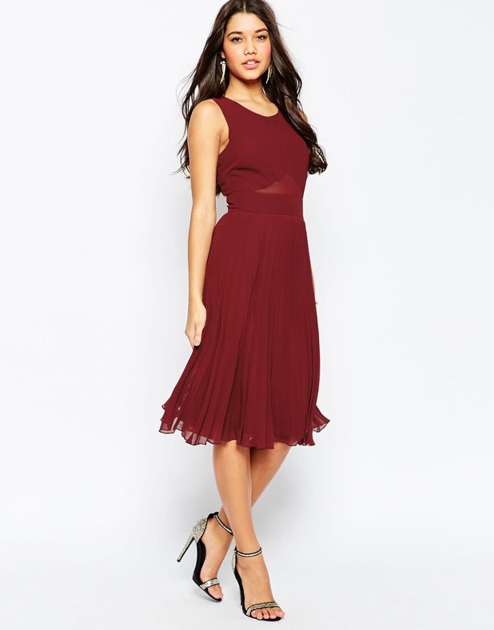 Asos Sheer And Solid Pleated Midi Dress - Oxblood
