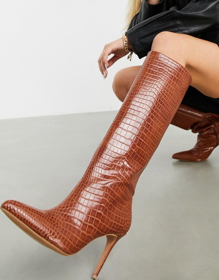 Asos Design Claudia Knee High Boots In Tan-brown
