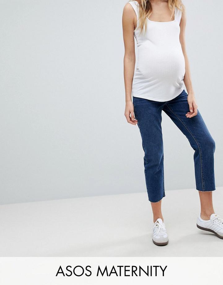 Asos Maternity Authentic Straight Leg High Waisted Jeans In Dark Stone Wash With Raw Hem And Under The Bump Waistband - Blue