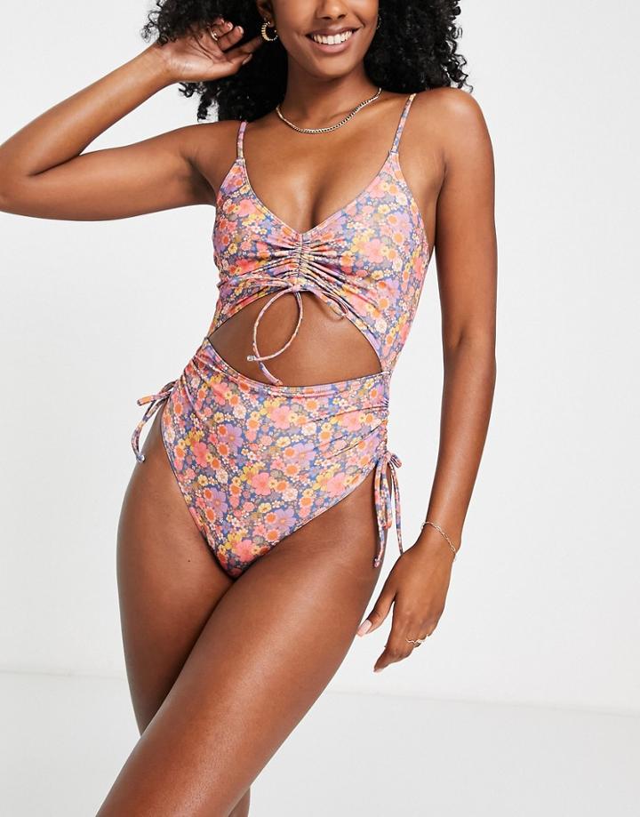 Topshop Ditsy Floral Swimsuit In Multi - Black