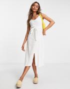 Qed London Button Through Tie Waist Midi Dress In White