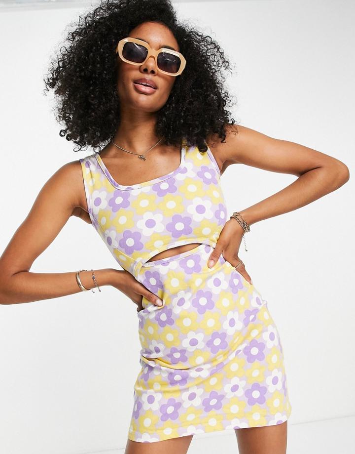 Neon Rose Square Neck 60s Style Mini A-line Dress In Retro Floral-multi