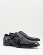 Asos Design Brogue Monk Shoes In Black Leather