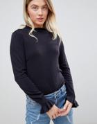 Jdy Penny Frill Cuff Long Sleeved Top - Navy