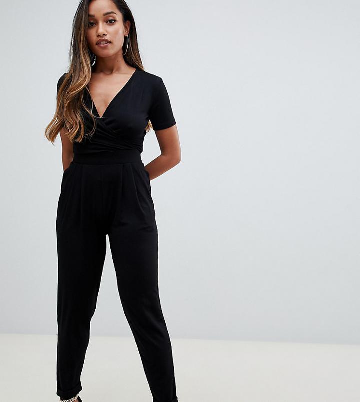 Asos Design Petite Wrap Front Jersey Jumpsuit With Short Sleeve