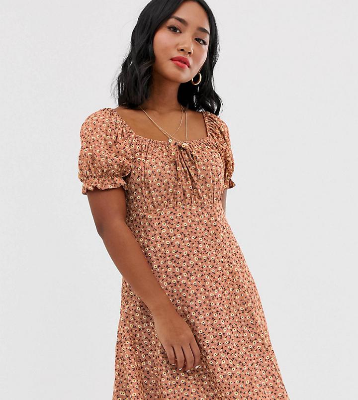 New Look Petite Puff Sleeve Tea Dress In Pink Ditsy Floral