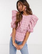 Miss Selfridge Puff Sleeve Blouse In Pink Check