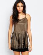 Brave Soul Festival Tank With Fringed Hem - Khaki