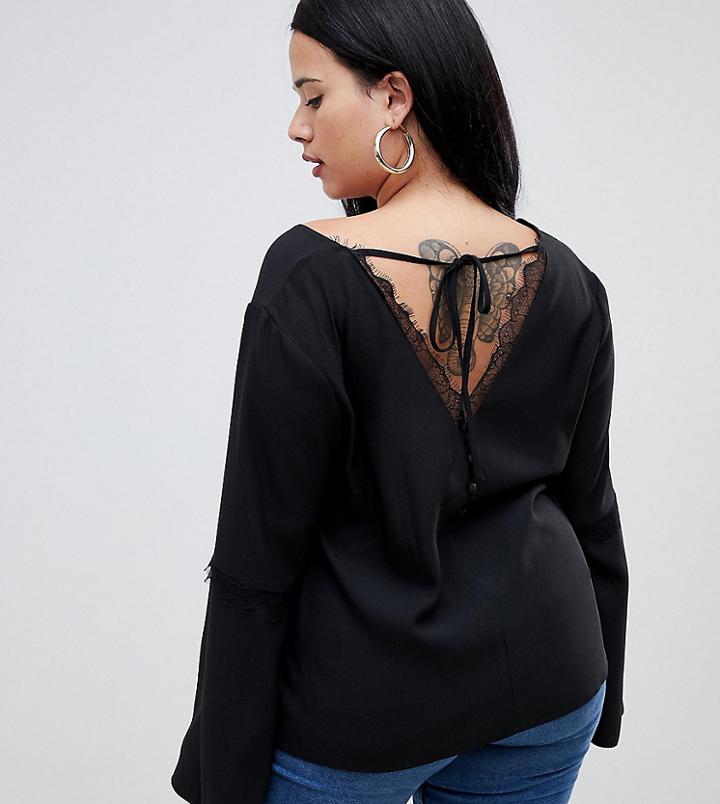 Asos Design Curve Deep Plunge Lace Insert Top - Black