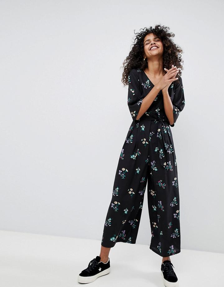 Monki Dark Floral Printed Jumpsuit - Black