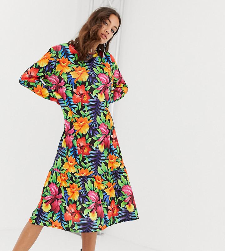 Rokoko Long Sleeved Midi Smock Dress With Peplum Hem-multi