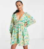 Asos Design Petite Soft Shirred Waist Open Back Mini Dress In Green Floral-multi