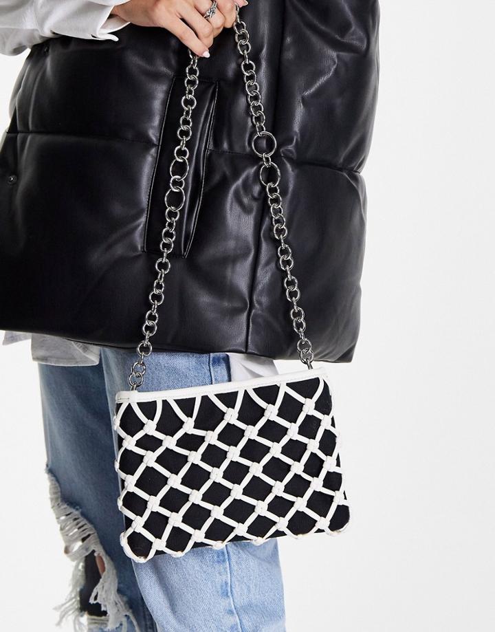 Topshop Pu String Canvas Shoulder Bag With Chain-white