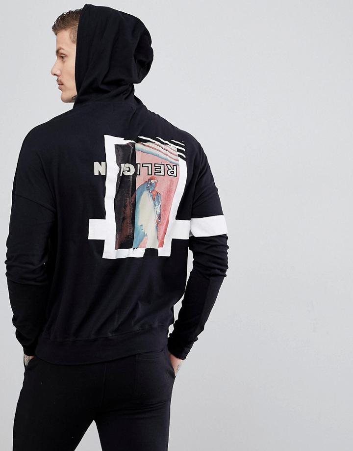 Religion Lightweight Hoodie With Back Photo Print - Black