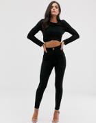 The Girlcode Suedette Tie Skinny Pants In Black - Black