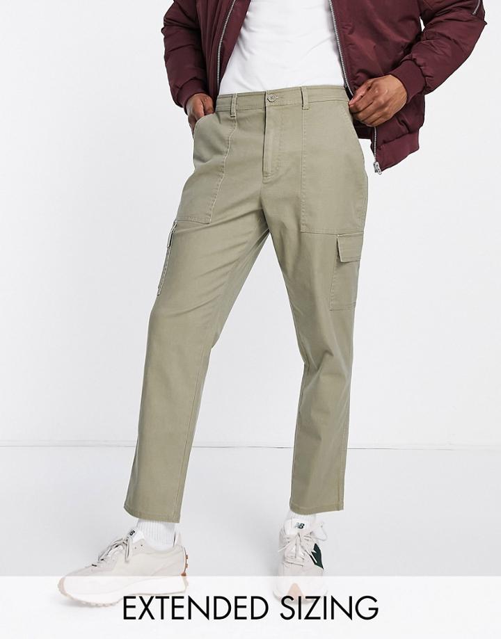 Asos Design Tapered Cargo Pants In Washed Khaki-green