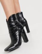 Glamorous Heeled Ankle Boots With Harness Detail In Black Croc